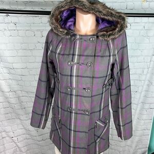 Volcom flannel/plaid double breasted jacket with Faux Fur Hood Medium
